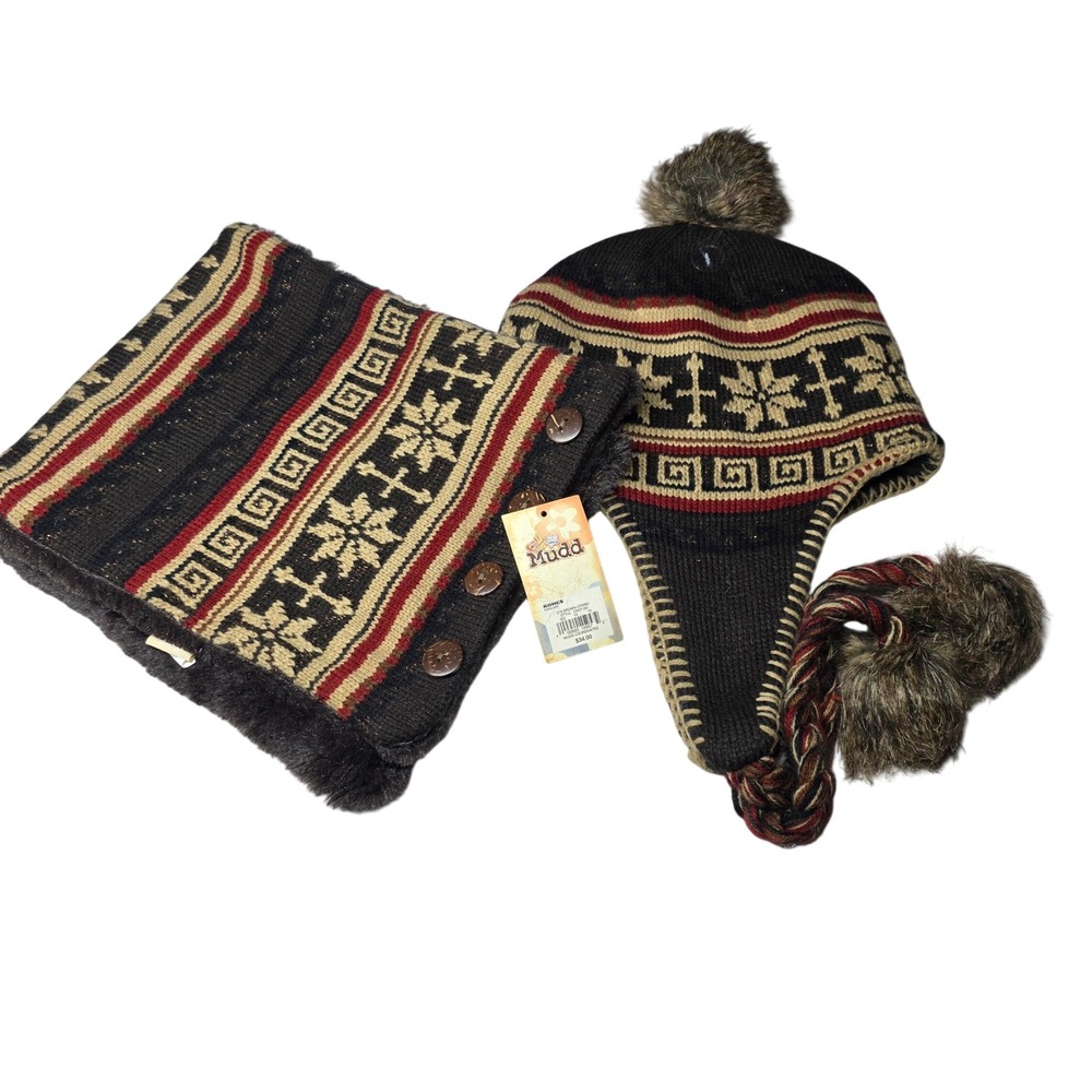 Mudd NWT Fair Isle Trapper Hat and Scarf Set Brown Faux Fur Lining One Size